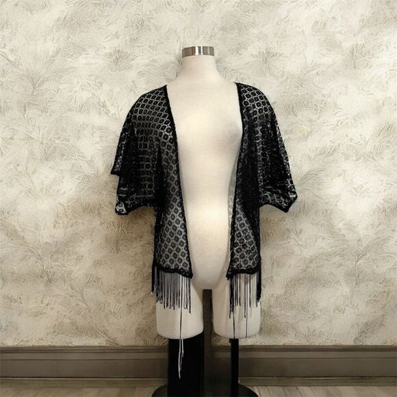 Vintage Kimono Black Lace Floral Fringe Long Duster Open Front Small O/S - Picture 1 of 4